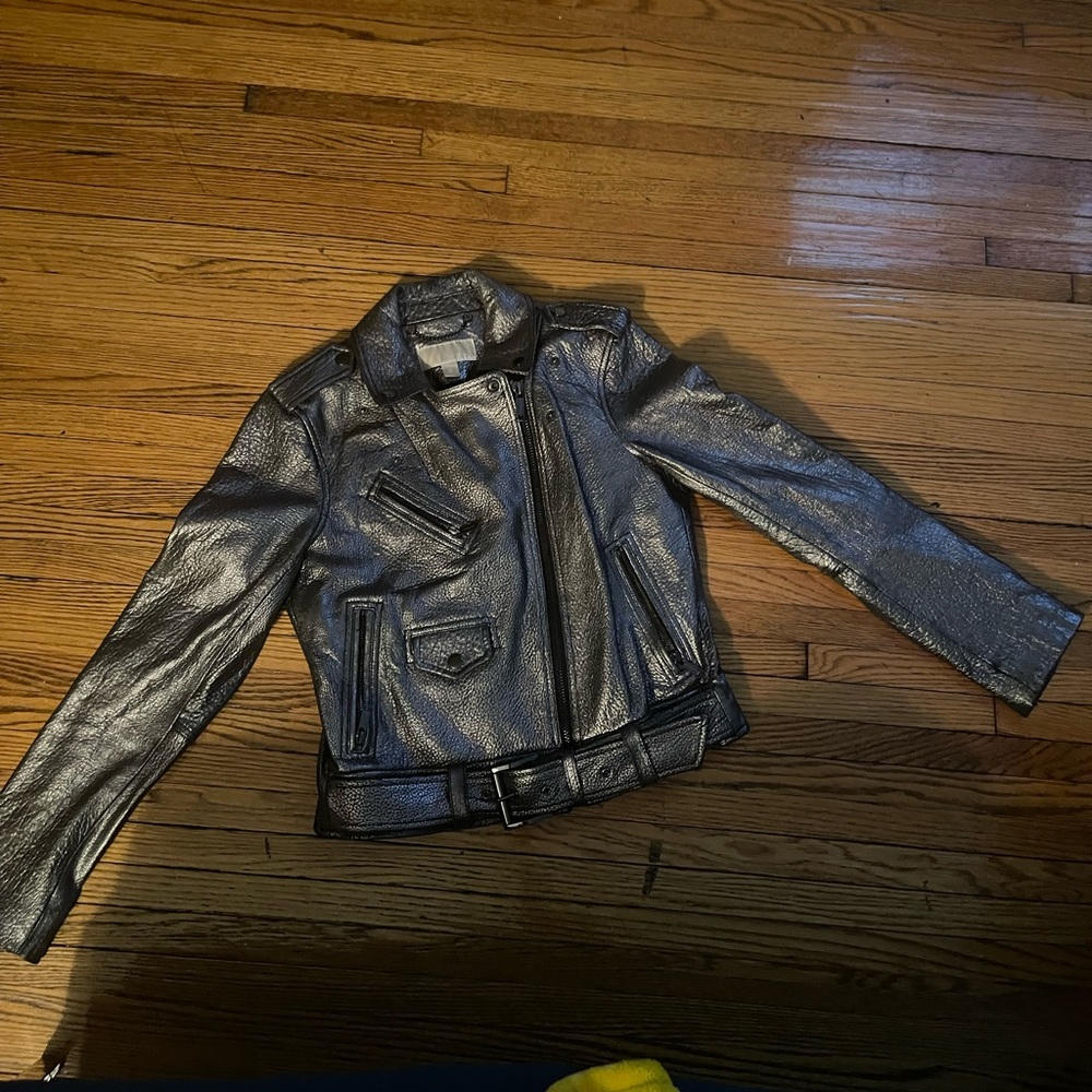 Michael Kors metallic motorcycle lamb leather jacket